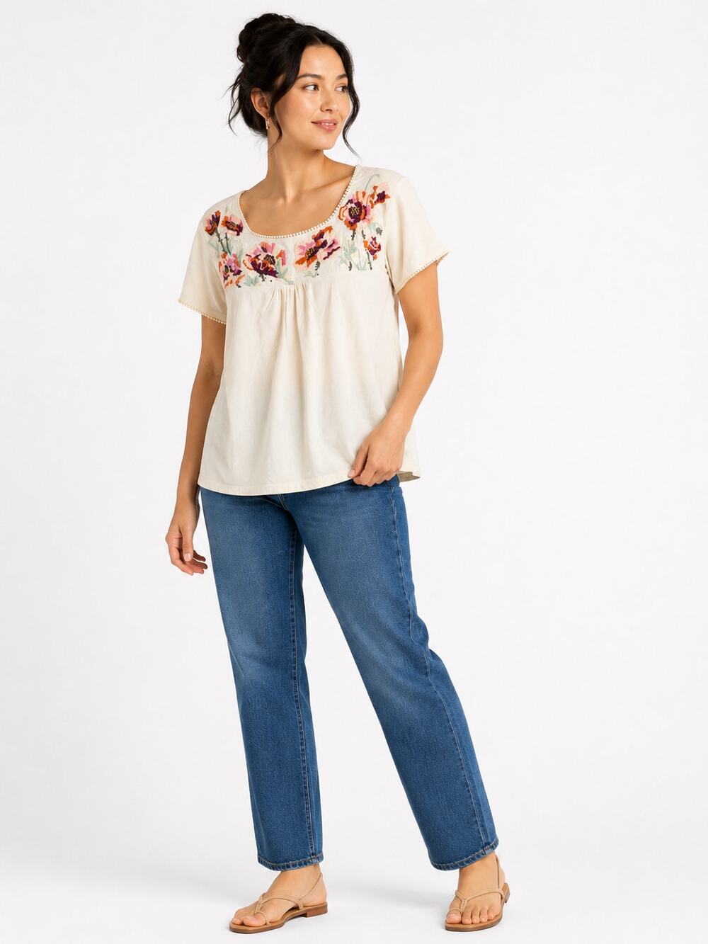 LR4207 Tiny Embroidered Floral Boho Peasant Top Medium Ivory Short Sleeve Cotton